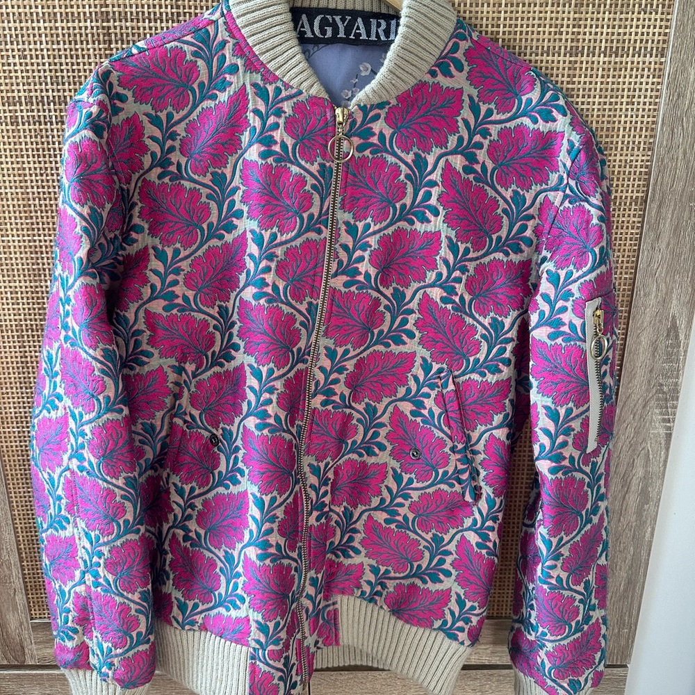 Floral Bomber Jacket with Pink and Blue Design